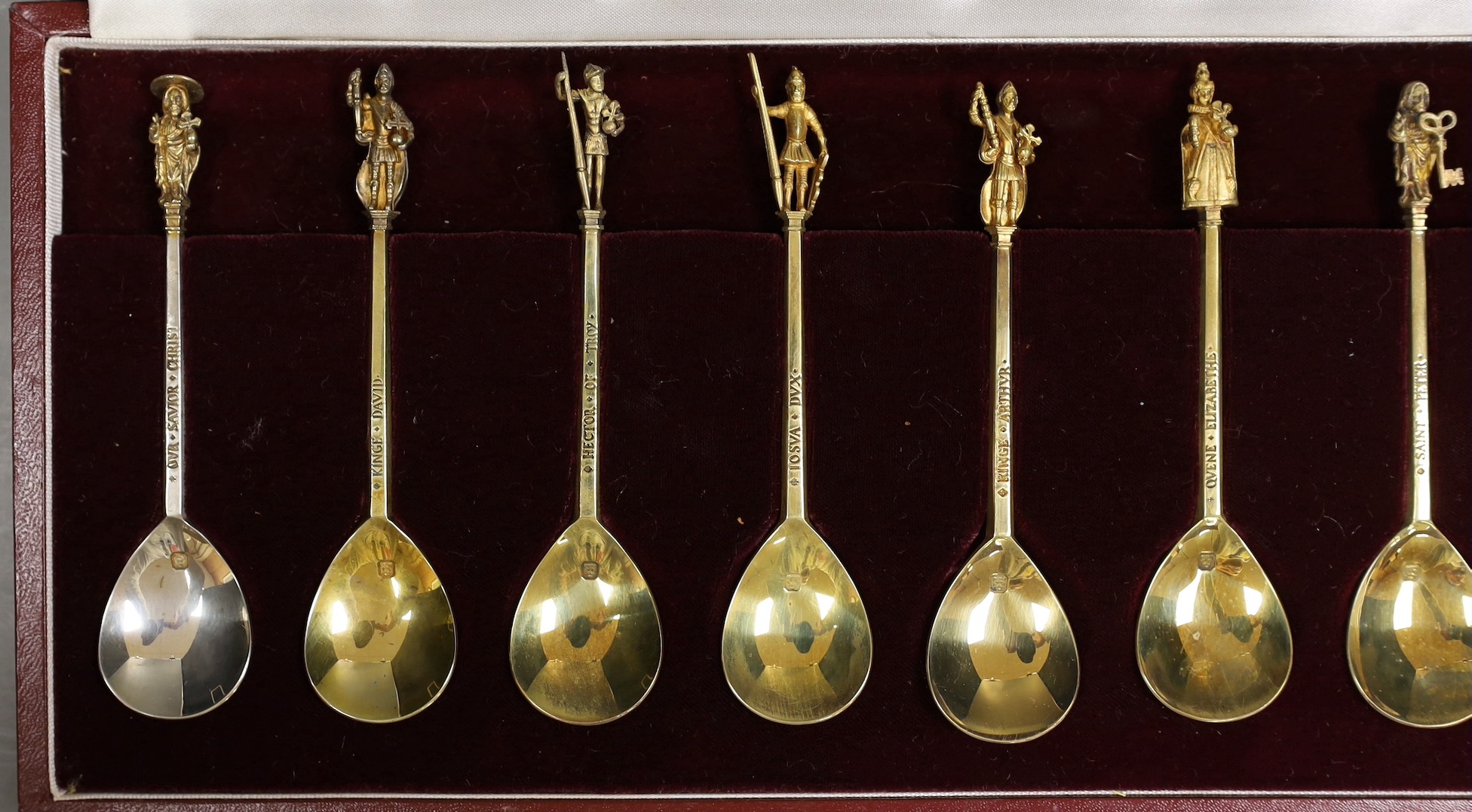 A modern cased set of twelve parcel gilt silver commemorative 'The Titchbone Spoons', The Birmingham Mint, Birmingham, 1954/55.